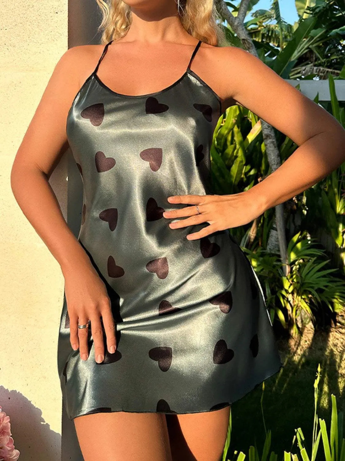 Heart Print Contrast Cami Lounge Dress Air Force Blue Sleep Dresses - Tophatter Daily Deals